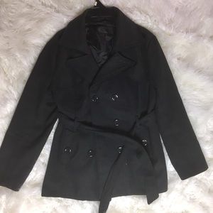 Charcoal Pea Coat with Double Buttons + Tie Waist
